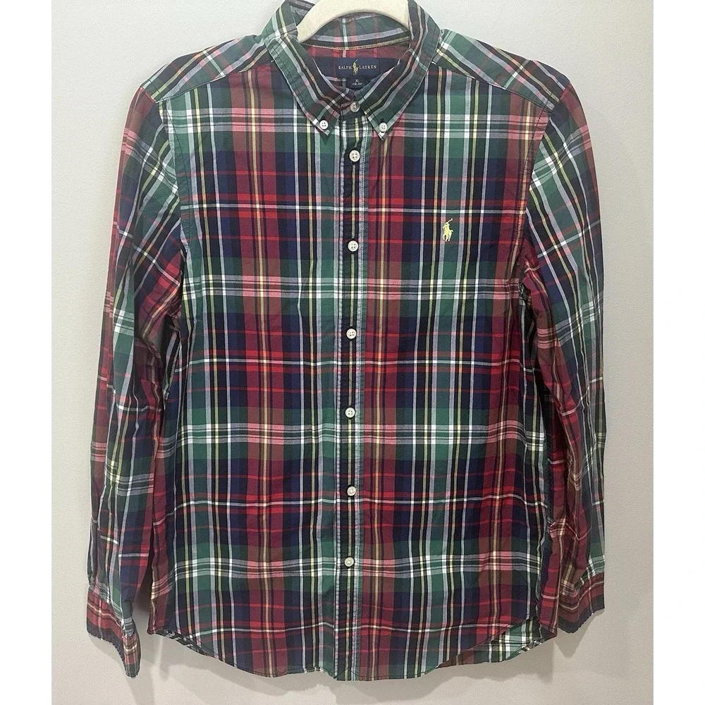 Ralph Lauren Boys XL 18-20 Plaid Button Down Shirt Red Green Blue 100% Cotton
